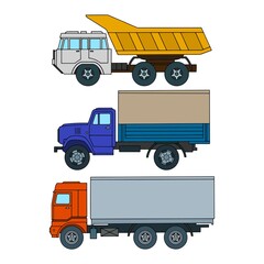 Set of colored trucks side view. Cartoon style.