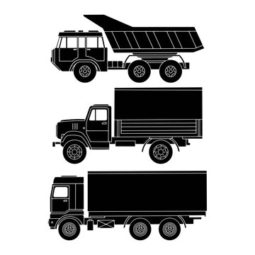 Truck side view set. Simple black icon