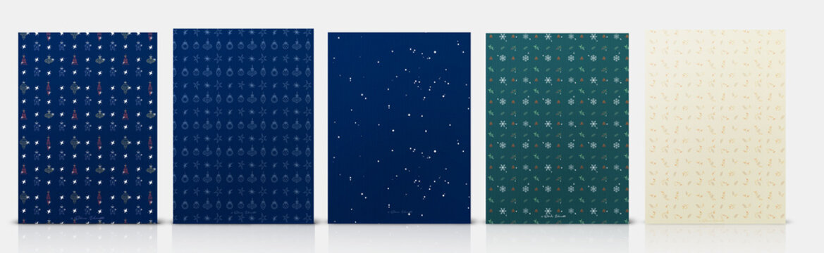 Christmas pattern set. Vector hand-drawn elements, leaves, globes and snowflakes patterns. DIN A6