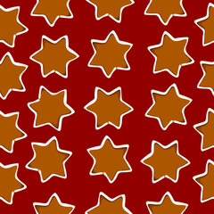 Brown Christmas cakes with white icing in the shape of stars. Seamless pattern on a maroon background. Drawing for background, packaging, and fabric.