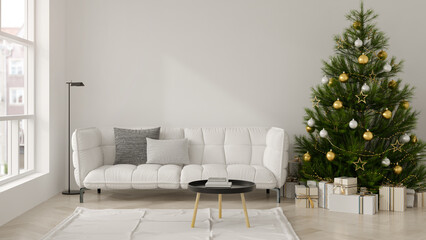 Interior of modern living room with christmas tree 3D rendering
