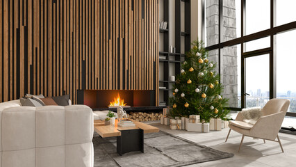 Interior of modern living room with christmas tree 3D rendering