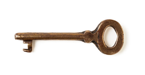 Metal shabby vintage key isolated on white background. Rusty yellow brown old key. Old fashioned design element.