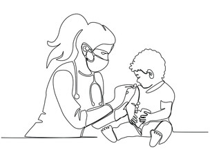 Continuous line drawing of a pediatric doctor vaccinating a little boy. Vector illustration. Minimalistic style.
