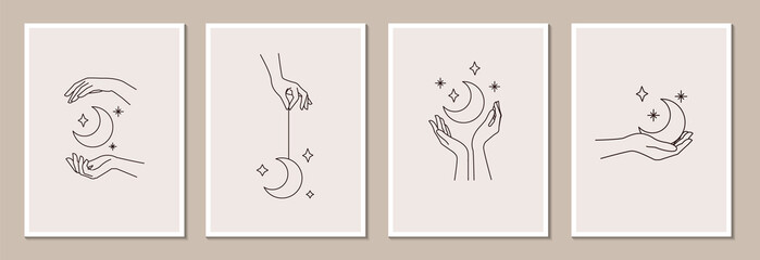 Poster template set. Woman's hand holding moon and stars, magic mystical symbol. Abstract logo template set for your design, line art style. Vector illustration