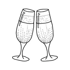The isolated object on a white background. Doodle hand drawn champagne glasses. Glare on glass, bubbles and foam. Black and white vector illustrations for web, booklets, textiles.