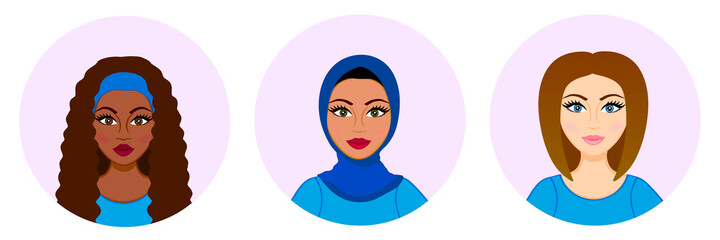 Racial divercity. African woman with wavy hair. Muslim woman in hijab. Portrait of a young arab girl in traditional dress. Caucasian woman. Set of round avatars. Vector illustration. Dark skin shades