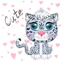 Cartoon snow leopard with expressive eyes. Wild animals, character, childish cute style.