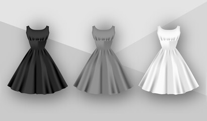 Female dresses mockup collection. Dress with puffy skirt with pleats. Realistic Festive 3d dress without sleeves. White, gray and black variation isolated on a grey background