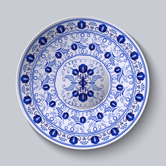 Porcelain plate with blue round ornament in ethnic style. Decorative pattern in the style of national flower painting. Ornate floral decor. Realistic 3D decor.