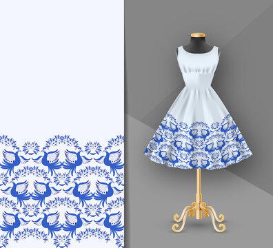Fashion embroidery fabric printed dress on a black mannequin. Dress clothes realistic 3d mock up. Seamless blue Flower pattern in ethnic painting style.