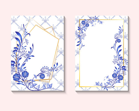 Wedding invite card design with blue color flowers, leaves and flourishes and golden geometric rhombus frame. Delicate beauty invitation layout in national painting on porcelain style.