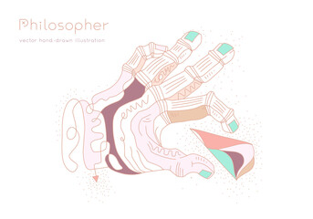 Mystical symbol for spiritual practices. Magical hand with philosopher's stone, crystal, diamond. Trendy minimal linear icon for design of cosmetics, jewelry, label candles. Sign for handmade products