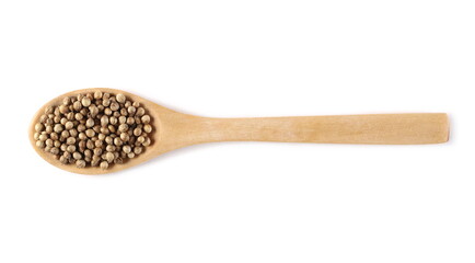 Coriander seeds pile with wooden spoon isolated on white background, top view