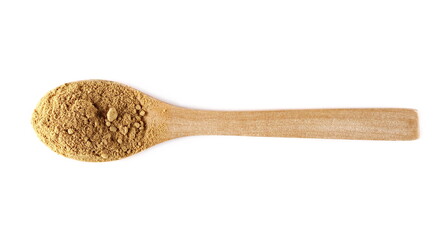 Ginger powder in wooden spoon isolated on white background, top view, (Zingiber officinale)