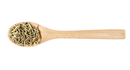 Pile of dry rosemary in wooden spoon isolated on white background, top view