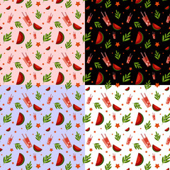 Pattern with coctails, watermelon, exotic leaves and different backgrounds.