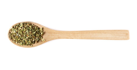 Pile of dried oregano leaves with wooden spoon isolated on white background, top view