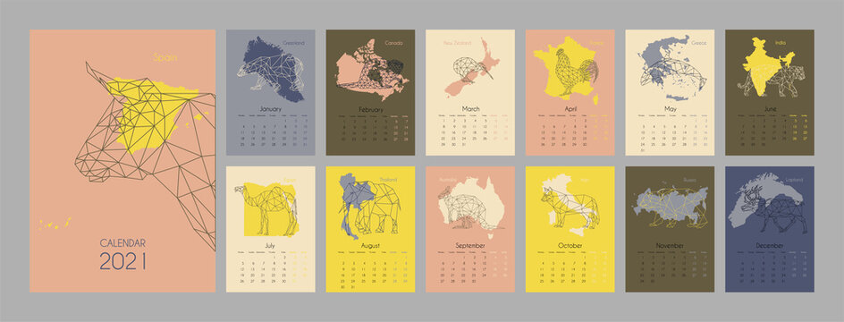 2021 calendar design. Colorful creative pages in low polygonal style with animals and silhouettes of countries. Set of 12 months. The week starts on Monday. Monthly wall calendar 2021. Vector illustra