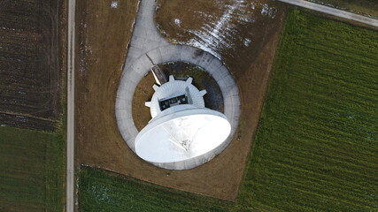 Raisting, Germany Bavaria - December 12, 2020: Large white radio telescope satellite communications...