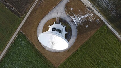 Raisting, Germany Bavaria - December 12, 2020: Large white radio telescope satellite communications...