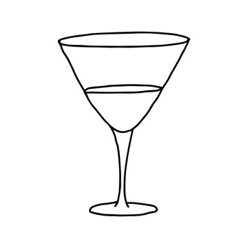 The isolated object on a white background. Doodle hand-drawn dry martini glass. Black and white vector illustrations for web, booklets, textiles.