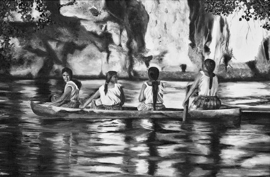 Canvas painting with indias on the boat on the Amazon River in black and white.