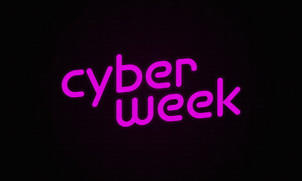 Hot pink glowing Cyber Week over subtle binary code background. Ideal for shopping promotion in social media or web cards.