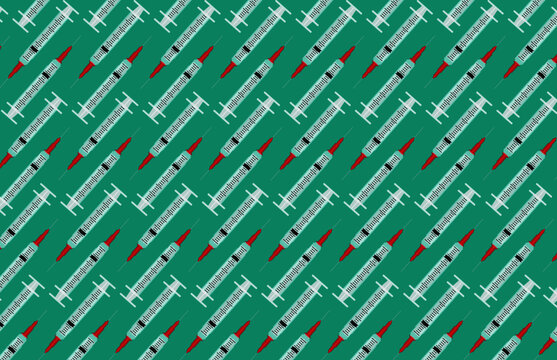 Repeating pattern of medical syringes on green background.