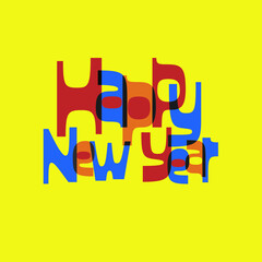 Mid-century modern, retro and fun Happy New Year typography in red, orange, blue, and bright yellow pop art colors.. Ideal for social card.