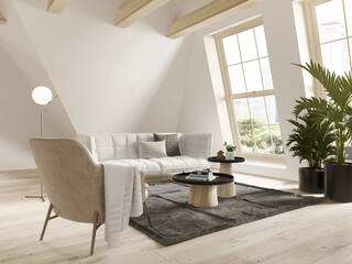 White color attic interior room 3d illustration