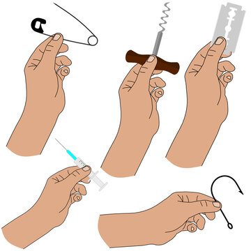 The hand holds sharp objects of various types. Set of vector illustrations hand holding syringe, corkscrew, safety pin, fish hook, razor blade on white background isolated