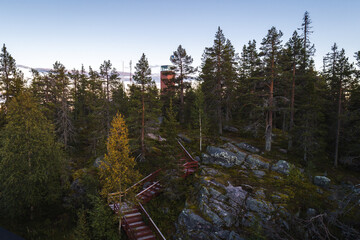 Stairs that lead to the tower at Aavasaksa mountain in Ylitornio Finland - 398959495