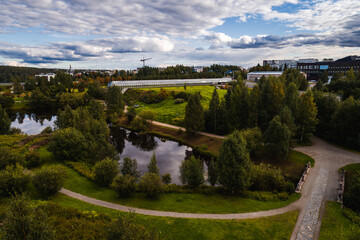 Arktikum park in Rovaniemi seen from the air on a sunny day, Finland - 398959666