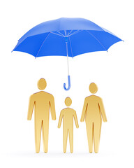 Family Life Insurance. Three symbolic human figures of family members, which are standing under the blue umbrella while it is freely levitating above them in the air. 3D-rendering graphics.