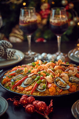 Spanish dinner table with assortment of dishes. paella, octopus, whole fish, sangría and wine. Dressed for christmas