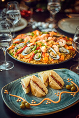 Spanish dinner table with assortment of dishes. paella, octopus, whole fish, sangría and wine. Dressed for christmas