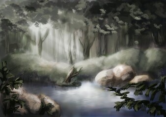 Digital painting Magic lake in the forest