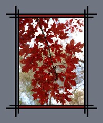 Abstracted landscape of red maple branch and leaves - portrait - painterly - with art border
