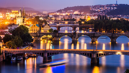 PRAGUE, CZECHIA. Prague cityscape and Vltava River at sunset.