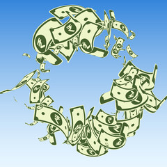 Indian rupee notes falling. Messy INR bills on blu