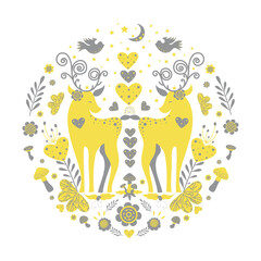 Vector illustration of a cute round pattern in the Scandinavian style in yellow-gray tones on white. Deers, birds, moon, stars, hearts, plants, mushrooms.