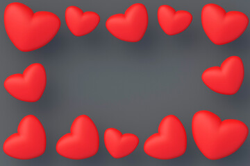 Frame made of red hearts on gray background. St. Valentine's Day. 3d rendering