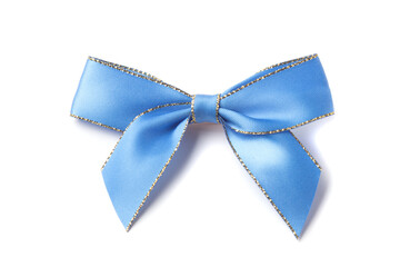 blue satin ribbon bow with golden edge isolated on white background
