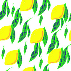 seamless pattern of bright lemons. doodle hand-drawn. yellow lemons with leaves. suitable for fabrics, paper and wallpaper.