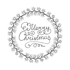 Merry Christmas lettering. Hand drawn element for postcard decoration and congratulations. Doodle for clipart.