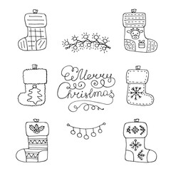 Hanging Christmas socks for gifts. Doodle hand drawing elements. New Year celebration symbols for clipart and decoration. Merry Christmas congratulation.