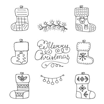 Hanging Christmas socks for gifts. Doodle hand drawing elements. New Year celebration symbols for clipart and decoration. Merry Christmas congratulation.