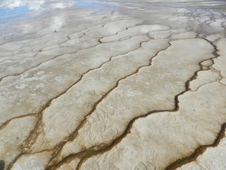 Bison hoof prints in what looks like the sands of time but is really the cool effect thermal features cause at Yellowstone National Park