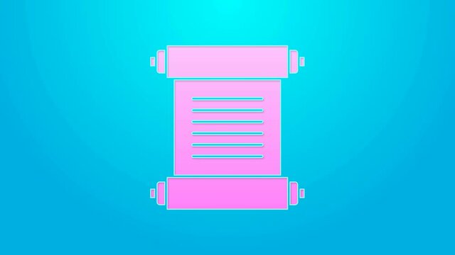 Pink line Decree, paper, parchment, scroll icon icon isolated on blue background. 4K Video motion graphic animation